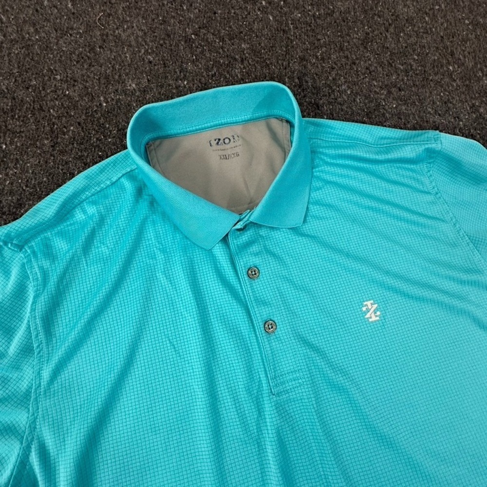 IZOD‎ Polo Shirt Mens XXL Teal Blue Grid Performance Short Sleeve Golf Sport